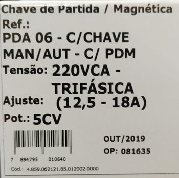 CHAVE PARTIDA 5CV 12,5-18A COM CHAVE MANUAL AUTOMÁTICA PDA-06 - ALTRONIC