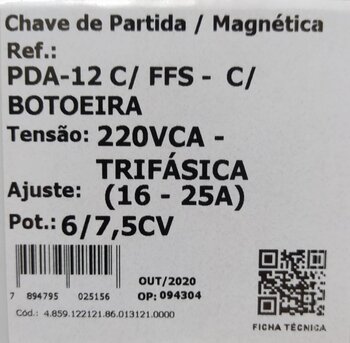 CHAVE PARTIDA 6/7,5CV 16-25A COM RELE FALTA DE FASE PDA-12 - ALTRONIC